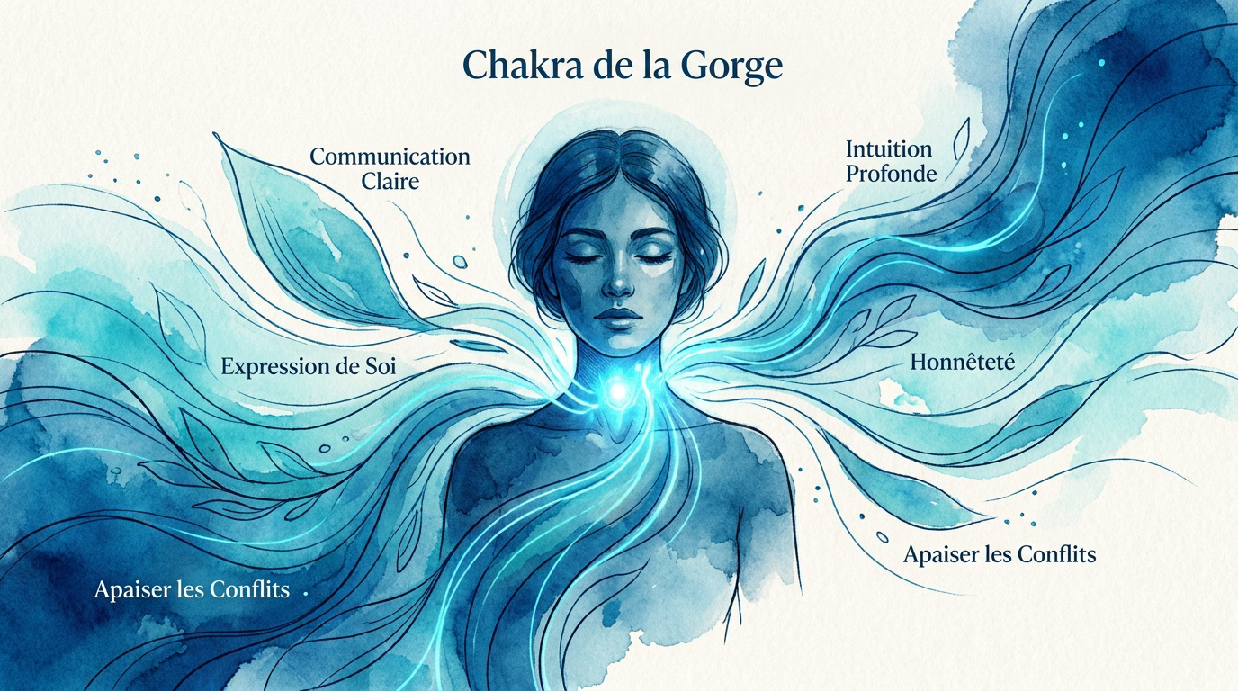 Illustration du chakra de la gorge symbolisant la communication et l'intuition de l'aura bleue