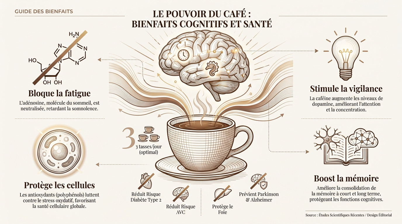 Café fumant symbolisant l'énergie cérébrale et la concentration