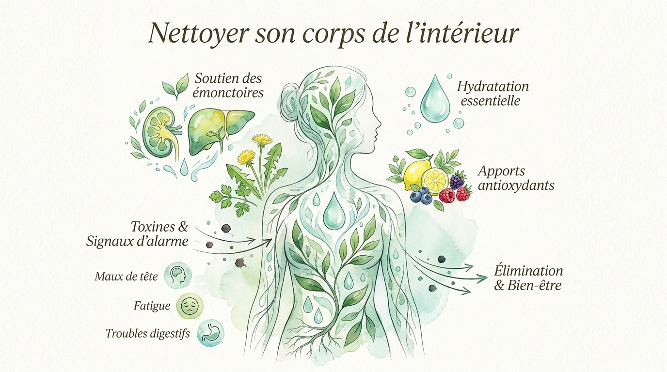 Illustration d'un corps humain symbolisant la purification interne et l'élimination des toxines