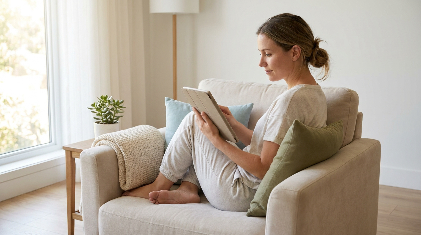 Une femme assise dans un fauteuil confortable, lisant sur une tablette numérique dans un salon lumineux.