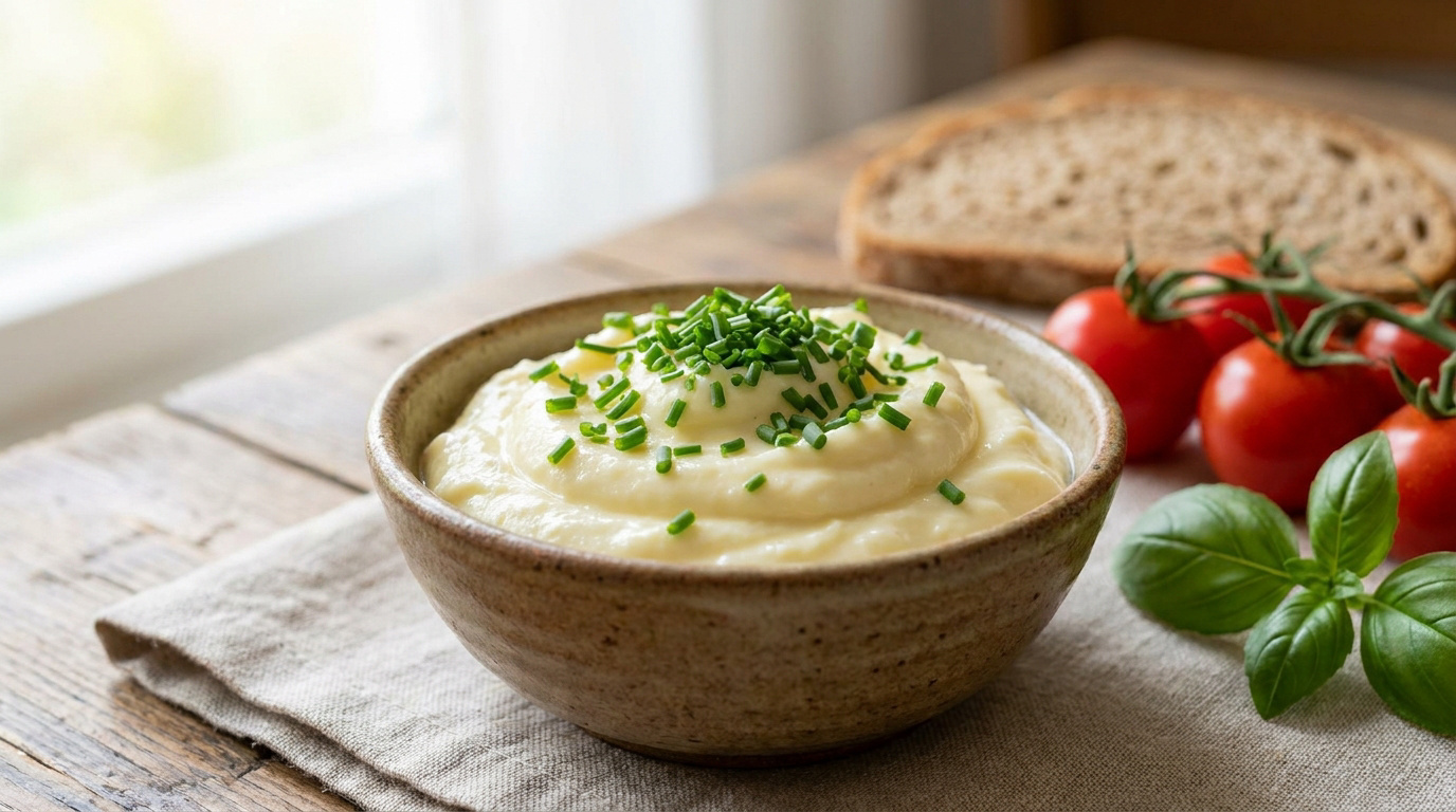 Bol de cancoillotte crémeuse parsemée de ciboulette avec du pain, des tomates cerises et du basilic sur une table en bois.