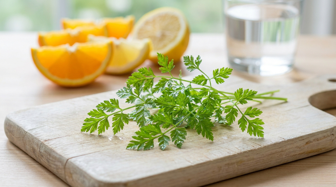 Brins de cerfeuil frais sur une planche en bois avec des tranches d'orange et un verre d'eau en arrière-plan.