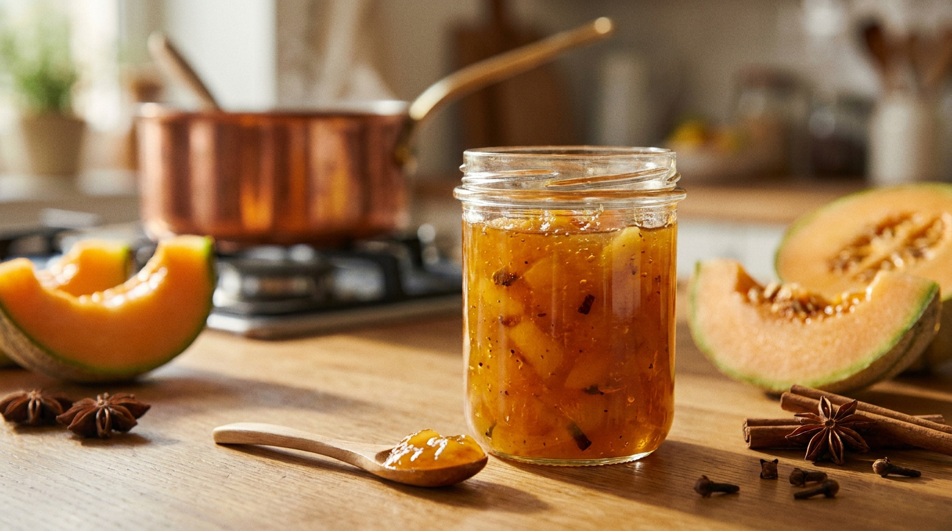 Un pot de confiture de melon aux épices avec des morceaux de melon et des étoiles d'anis sur une table en bois.
