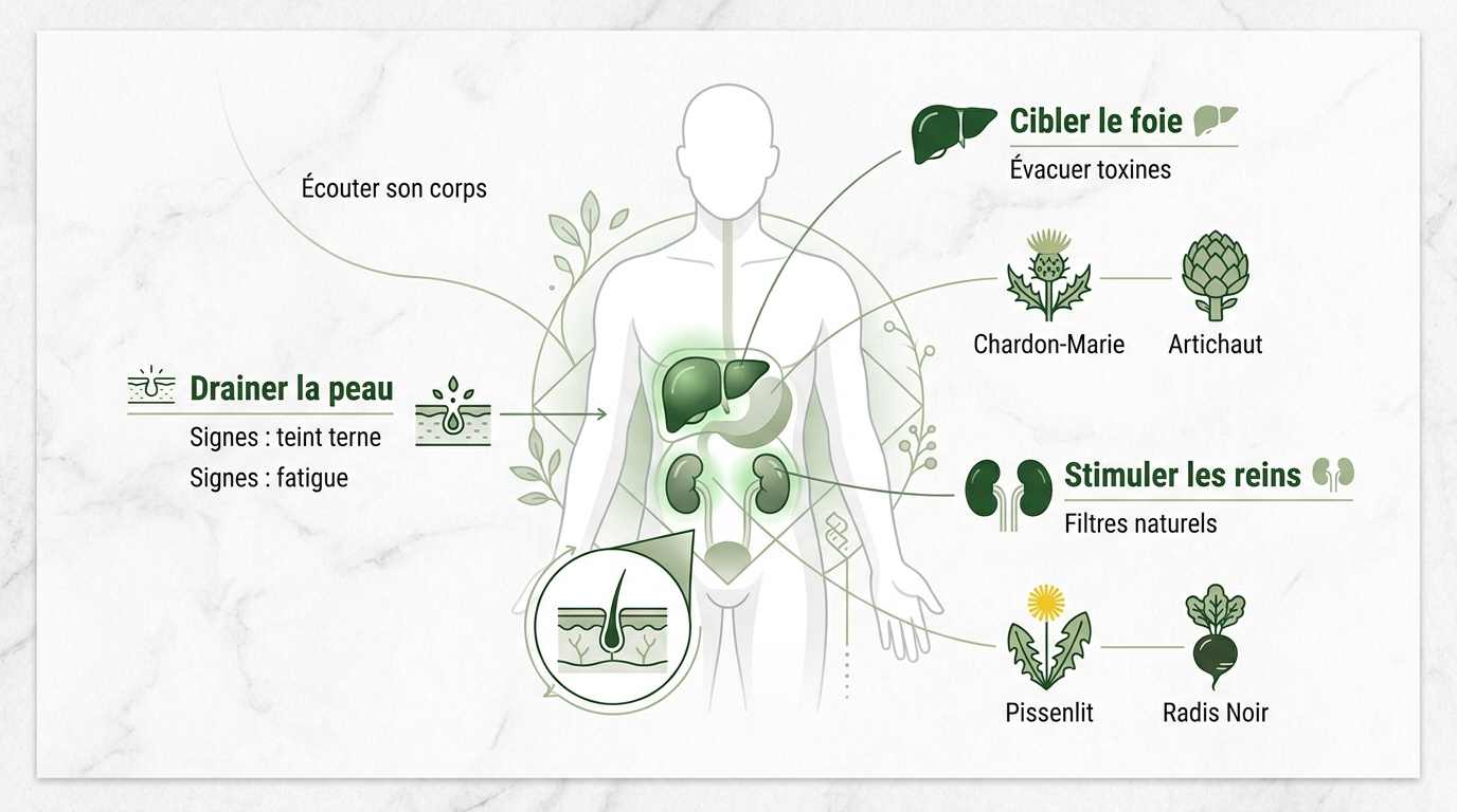 Infographie sur les plantes détoxifiantes pour le foie, les reins et la peau