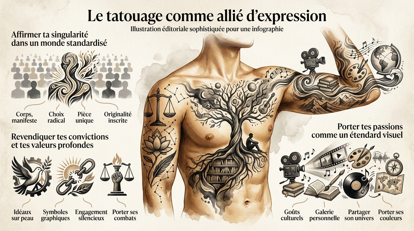 Un homme tatoué exprimant son identité à travers des motifs artistiques sur ses bras