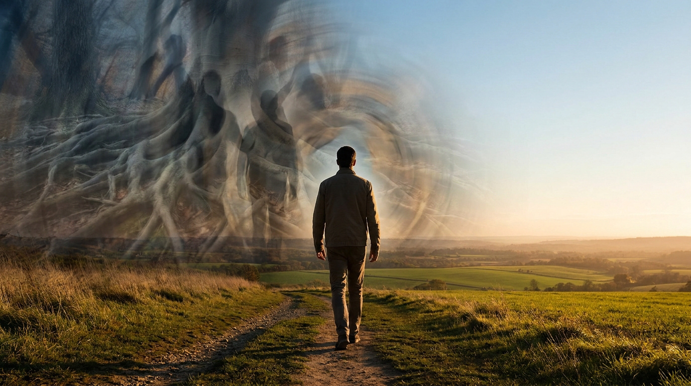 Un homme marche sur un chemin de campagne vers un horizon lumineux, tandis que des racines d'arbre et des formes humaines fantomatiques s'estompent derrière lui.