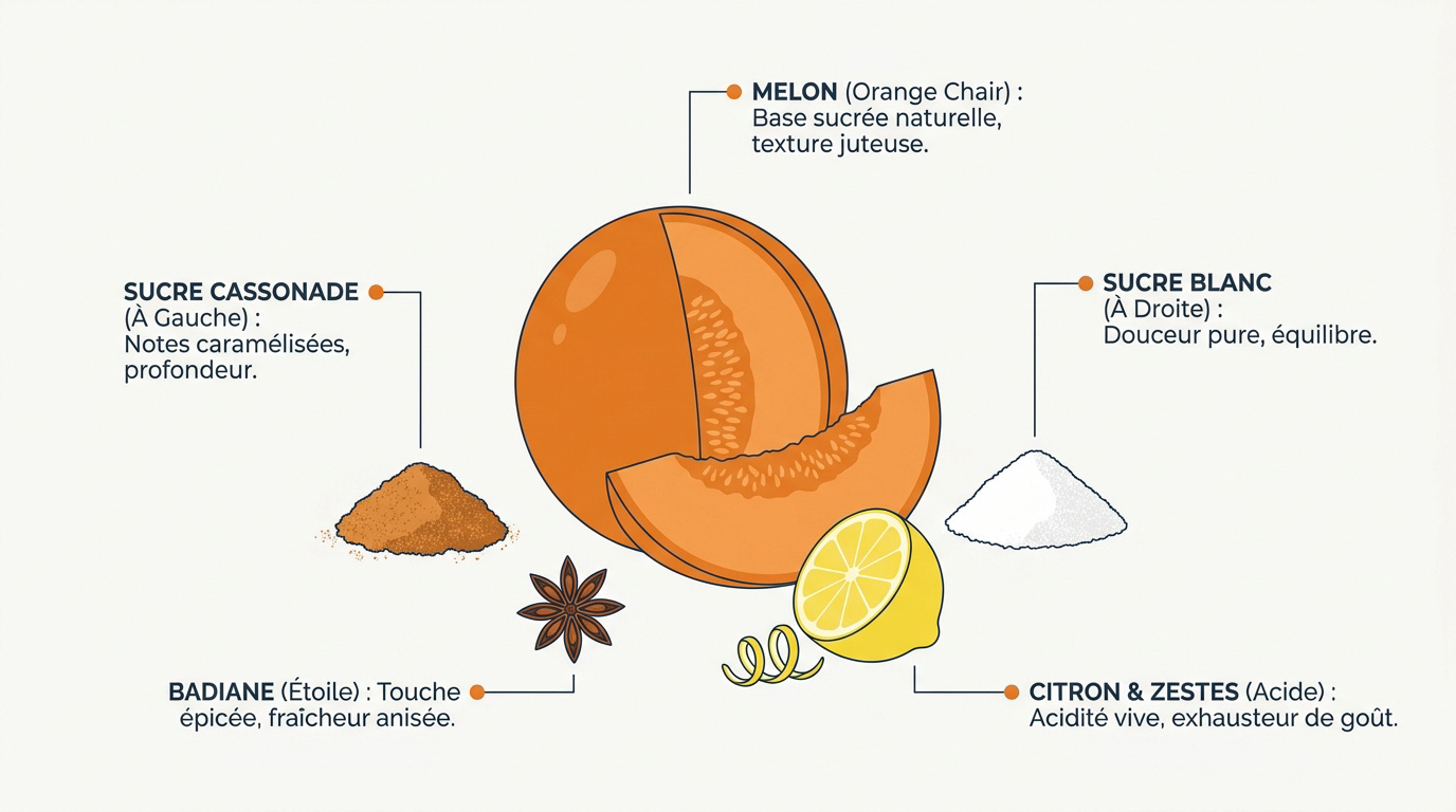 Ingrédients frais pour confiture de melon aux épices avec sucre et citrons