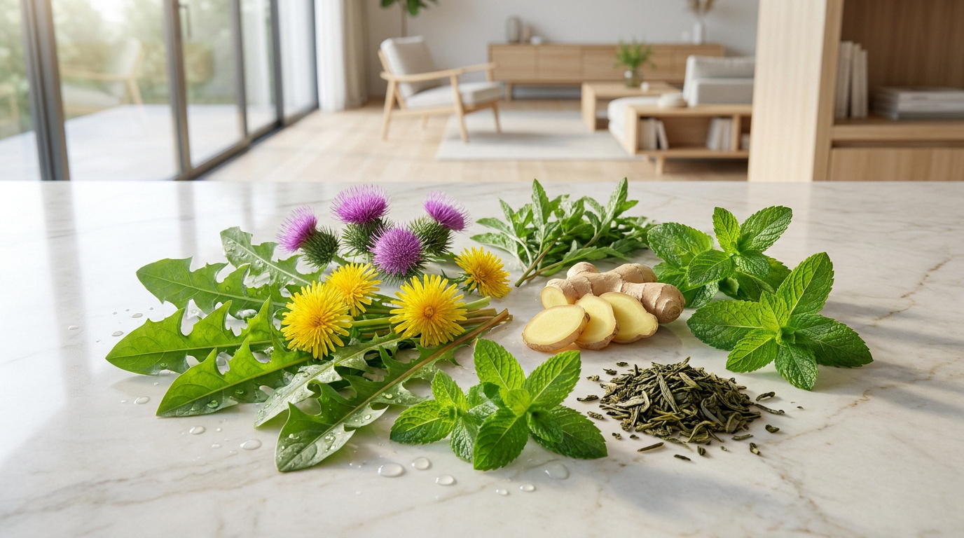 Sélection de plantes et racines détox (pissenlits, chardon-marie, gingembre, menthe, thé vert) sur un comptoir en marbre.