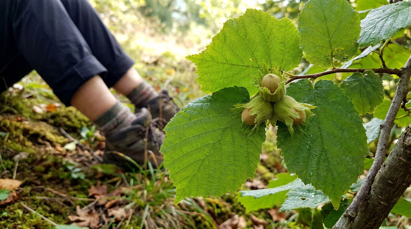 Gros plan sur des noisettes dans leur enveloppe verte, avec une personne en randonnée en arrière-plan flou.