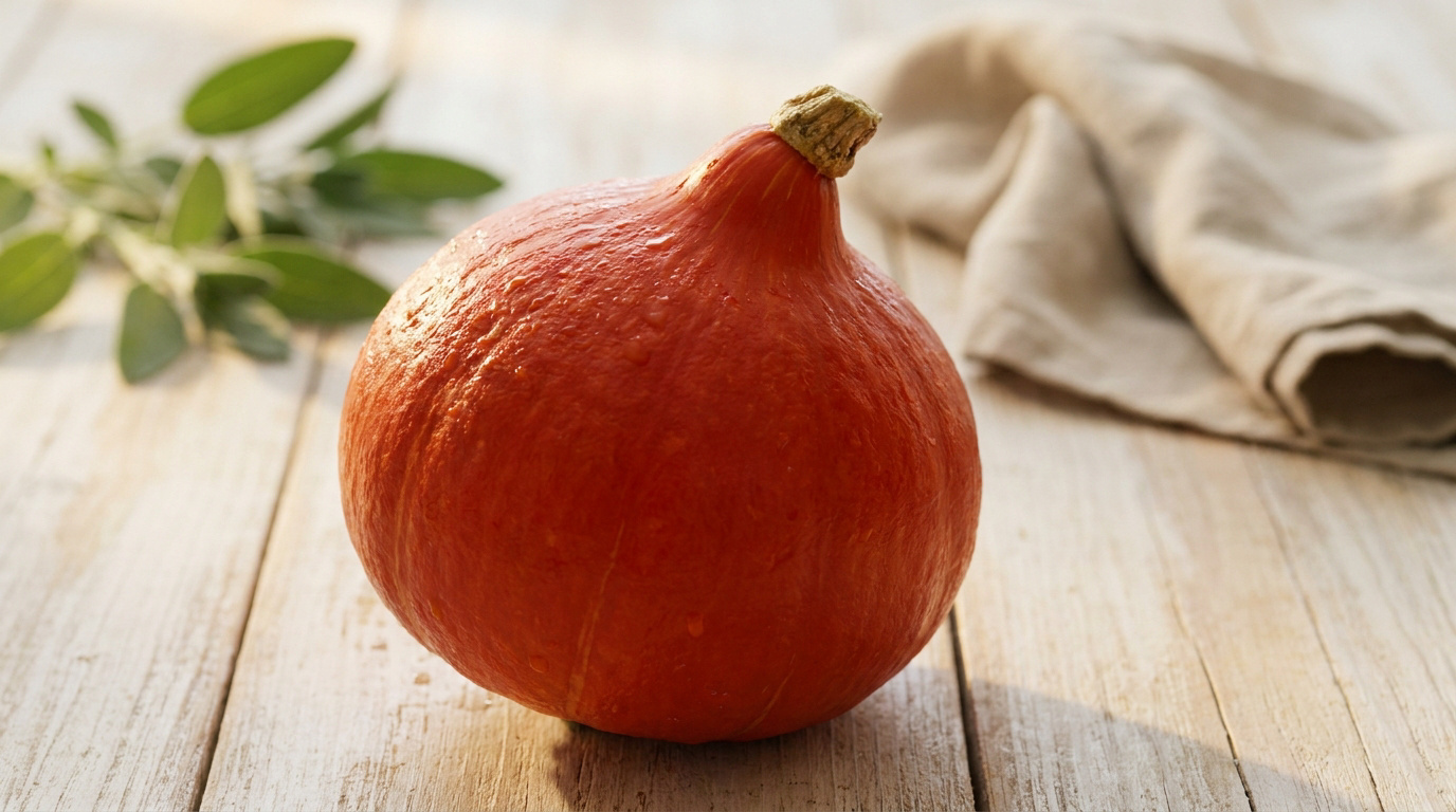 Un potimarron orange vif posé sur une table en bois clair avec des feuilles de sauge et un torchon en lin.