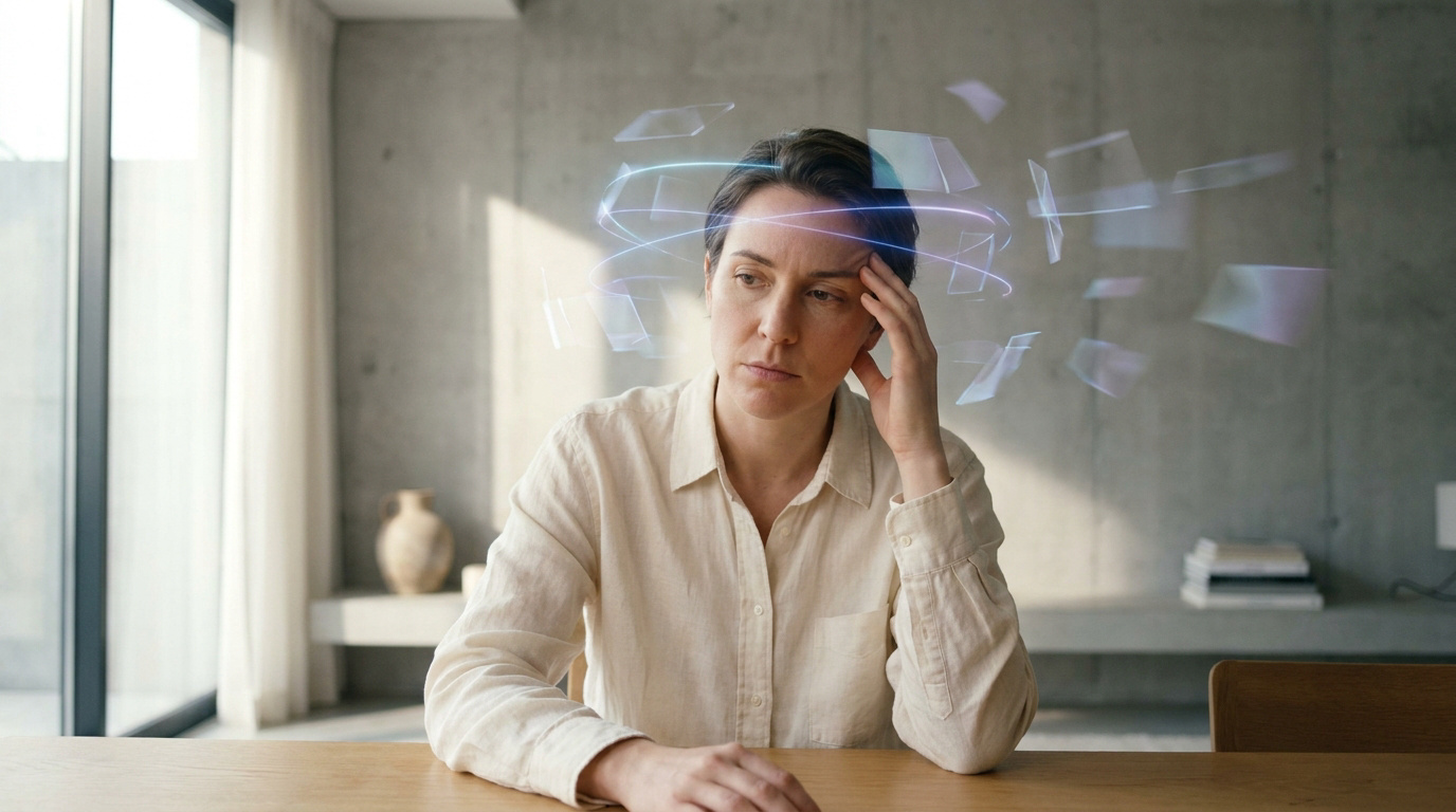 Une femme pensive assise à une table avec des fragments numériques flottant autour de sa tête, symbolisant la confusion.