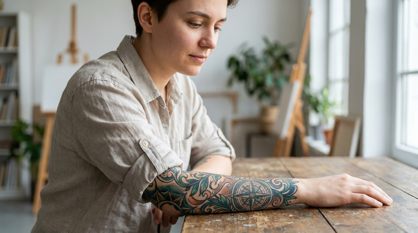 Une personne aux cheveux courts portant une chemise beige regarde son bras recouvert d'un tatouage coloré en forme de boussole.