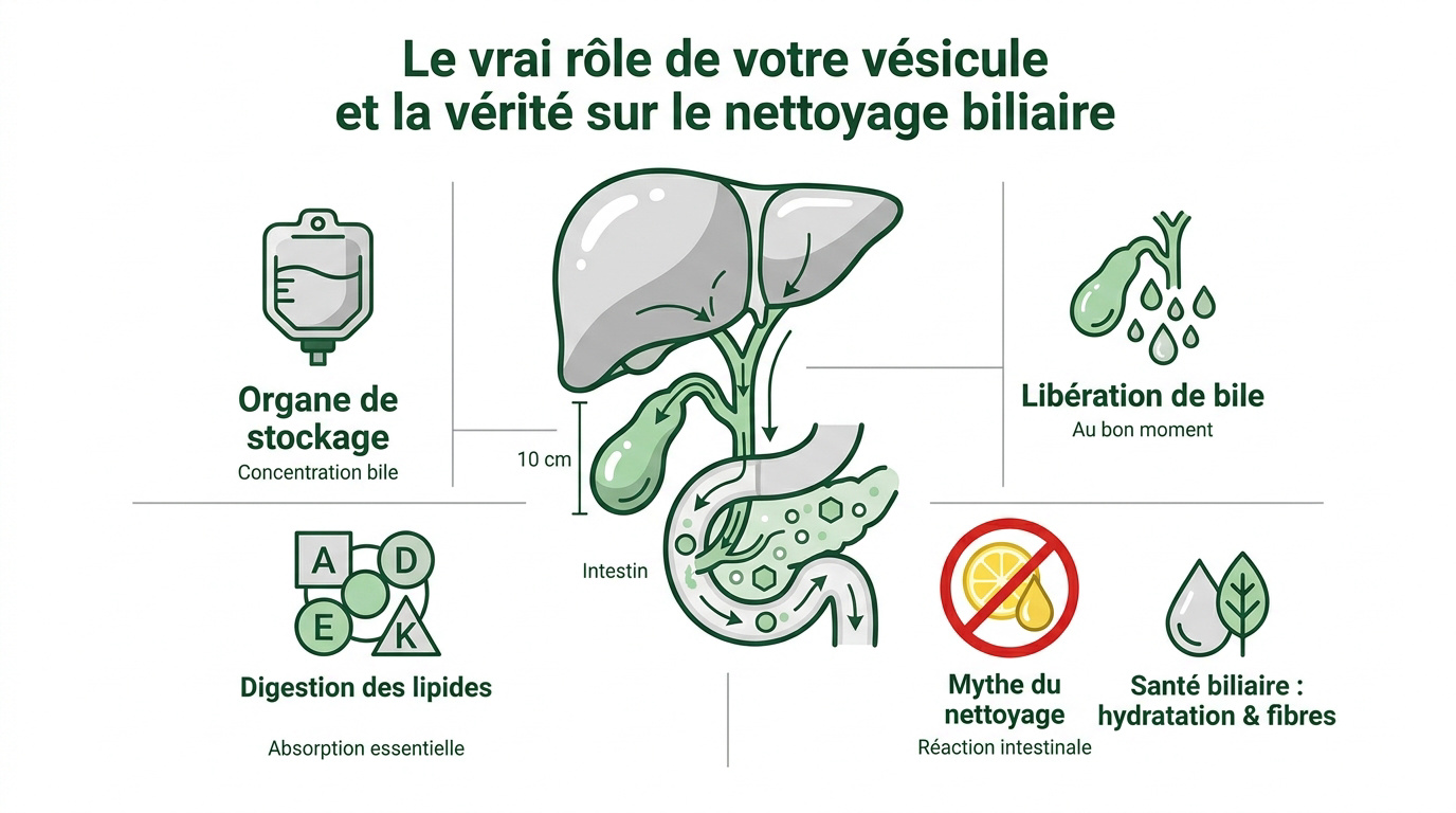 Schéma de la vésicule biliaire sous le foie