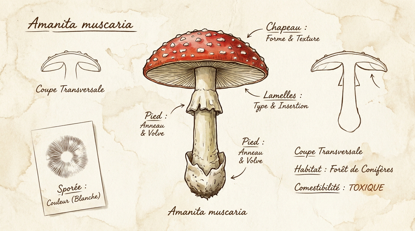 Illustration botanique détaillée d'une amanite montrant le chapeau, l'anneau et la volve