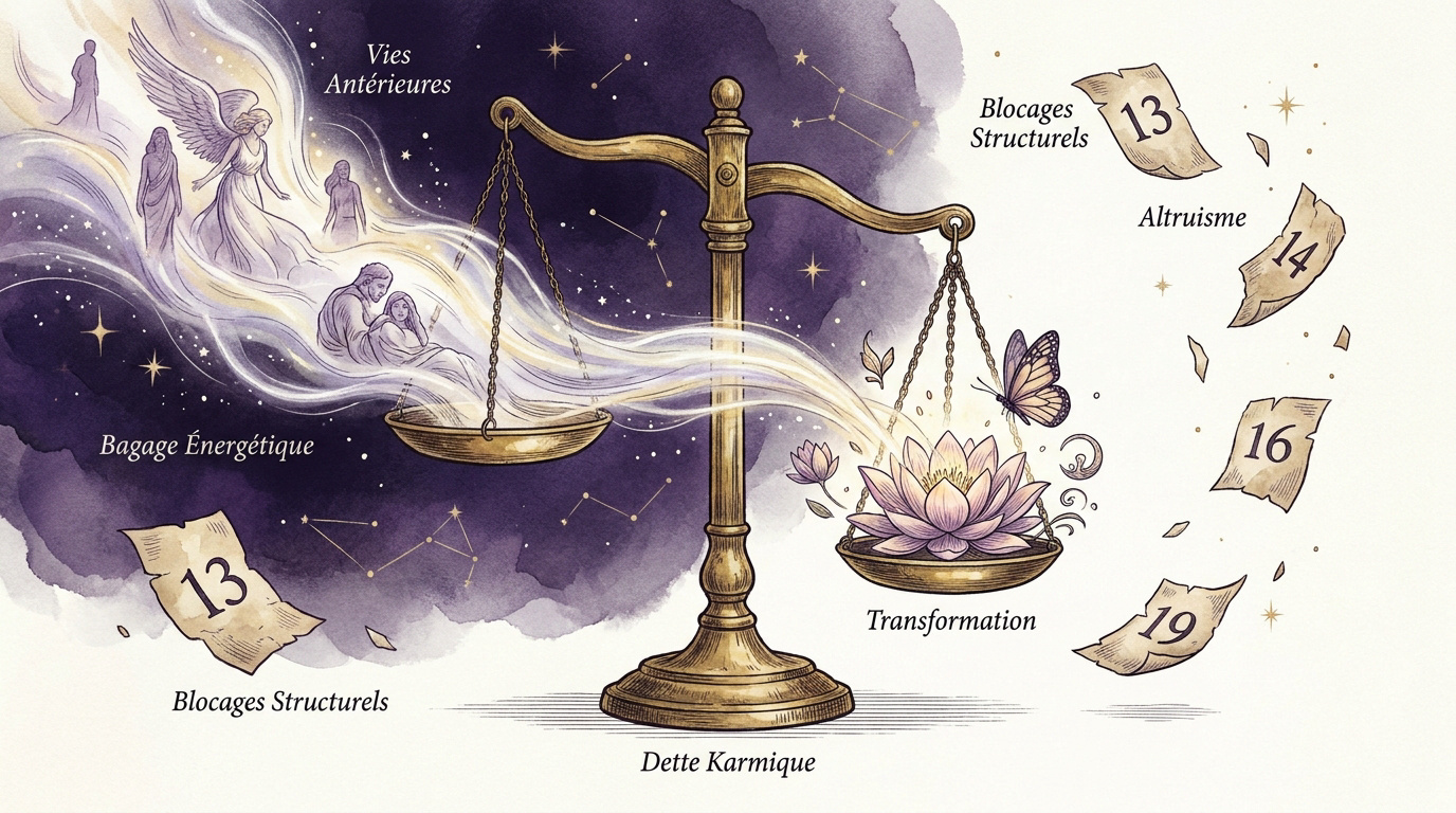 Balance symbolisant l'équilibre du karma et la transformation des vies antérieures