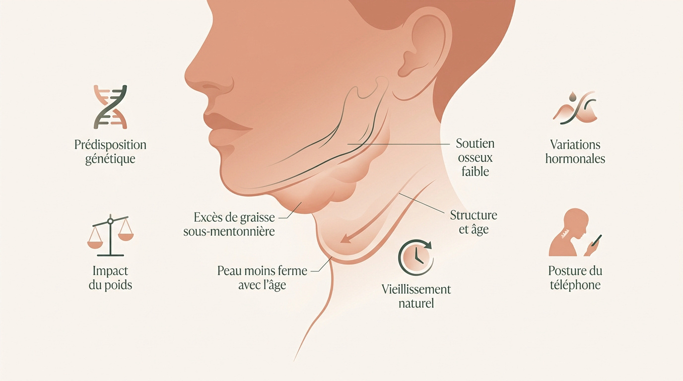 Infographie montrant les causes du double menton comme la génétique et la posture