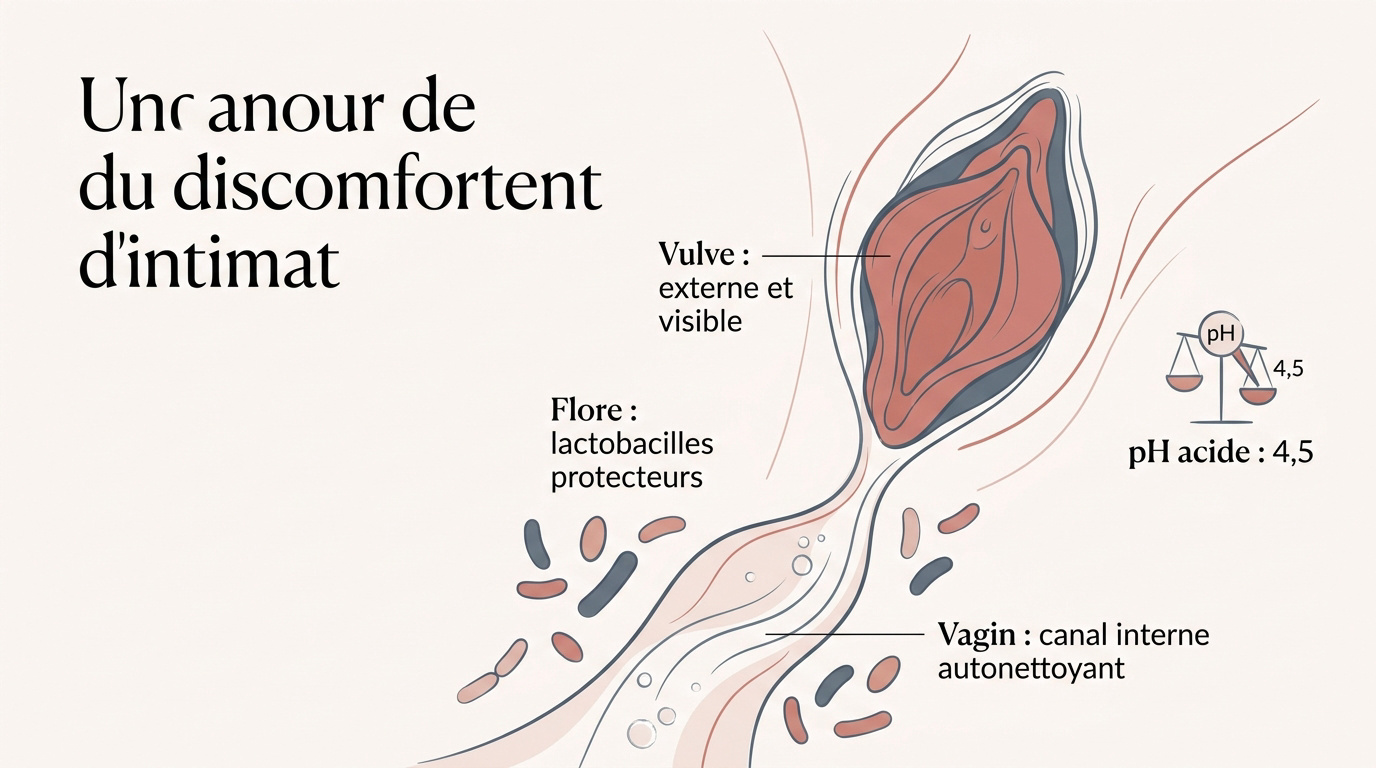 Schéma explicatif de l'anatomie intime féminine montrant la vulve et le vagin