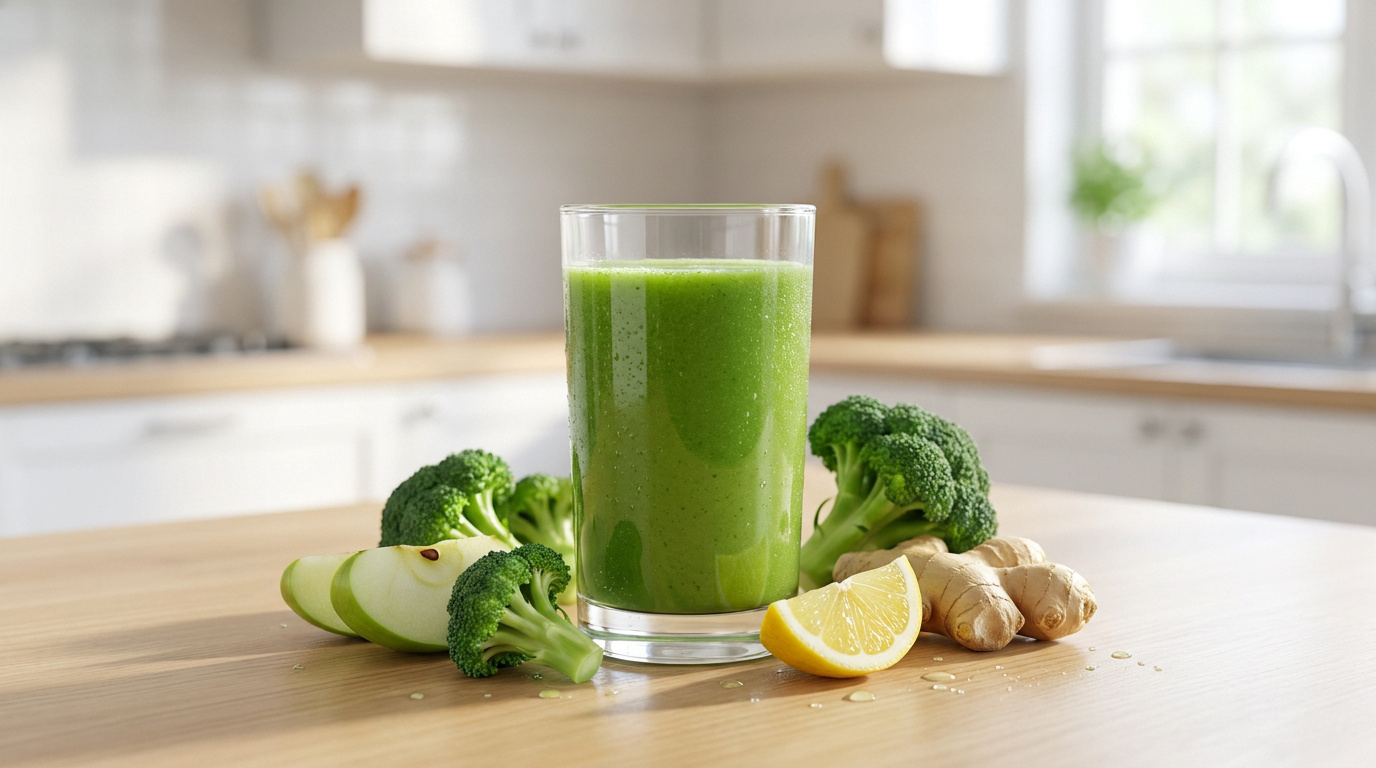 Un verre de jus de brocoli vert sur une table avec du brocoli, une tranche de pomme, du citron et du gingembre.