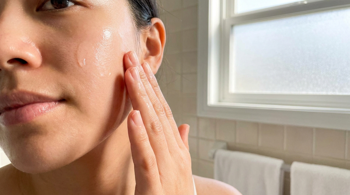 Gros plan d'une femme appliquant un sérum transparent sur sa joue dans une salle de bain lumineuse.
