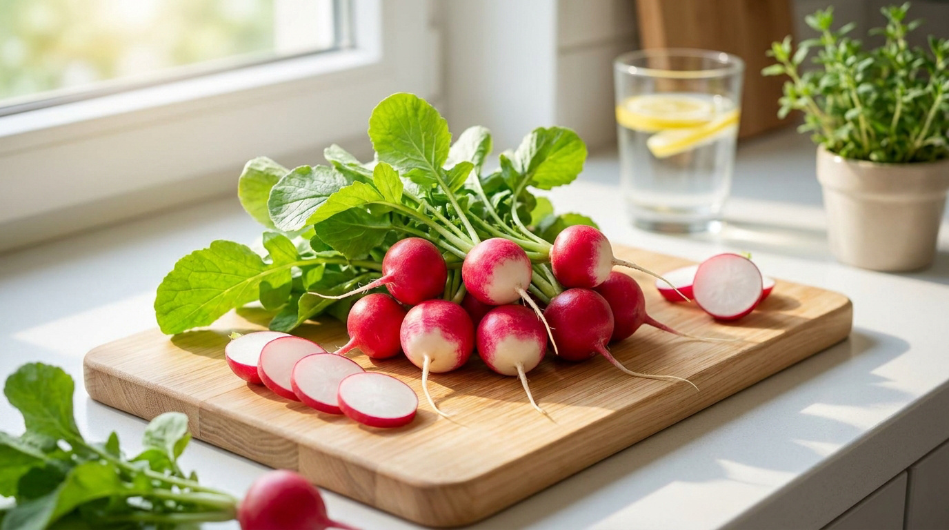 Des radis frais avec leurs fanes vertes posés sur une planche à découper en bois dans une cuisine lumineuse.