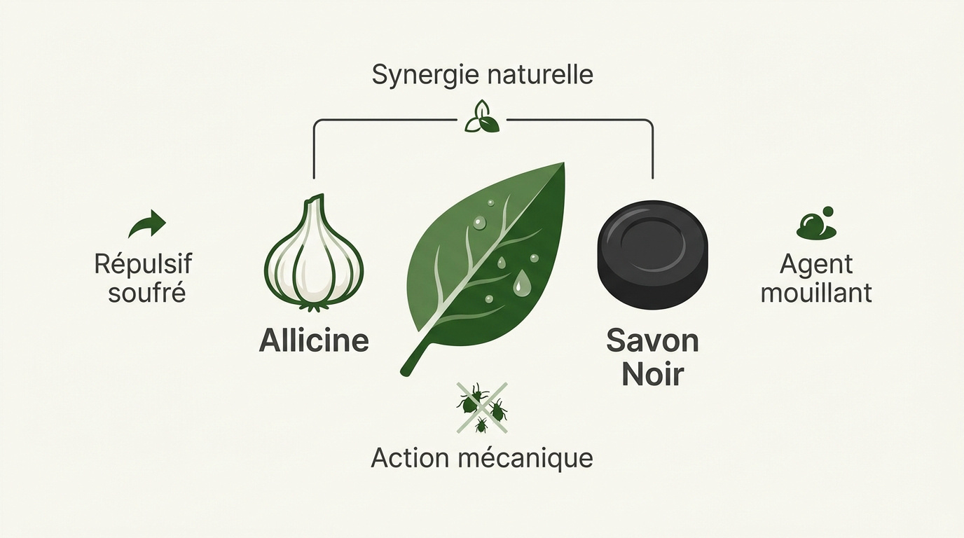 Préparation naturelle à base d'ail et de savon noir pour protéger le potager