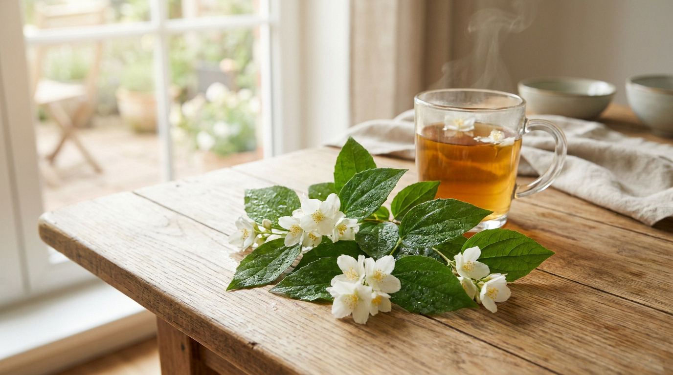 Une tasse de thé fumante accompagnée de feuilles et fleurs de jasmin fraîches sur une table en bois près d'une fenêtre.