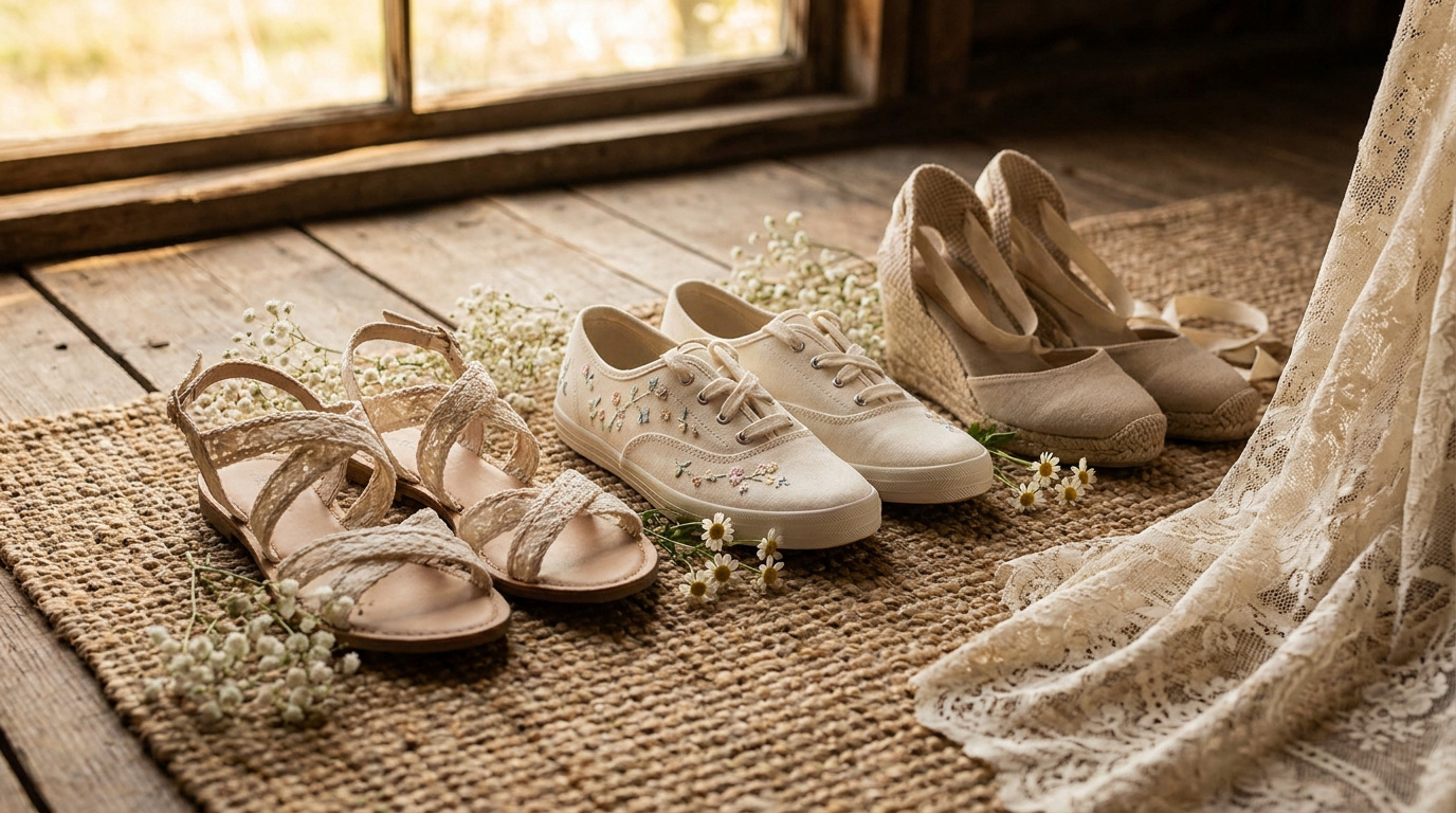 Trois paires de chaussures de mariage bohème posées sur un tapis en jonc avec des fleurs blanches.