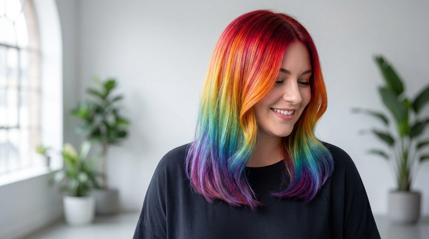Une jeune femme souriante avec une coiffure aux couleurs de l'arc-en-ciel, du rouge au violet, dans un salon lumineux.