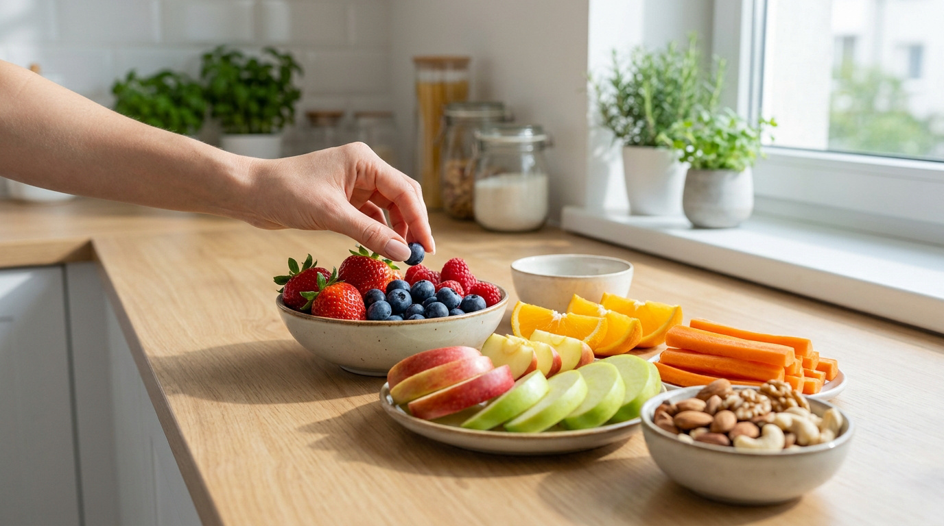 Une main prend une myrtille dans un bol de fruits frais sur un plan de travail de cuisine lumineux.