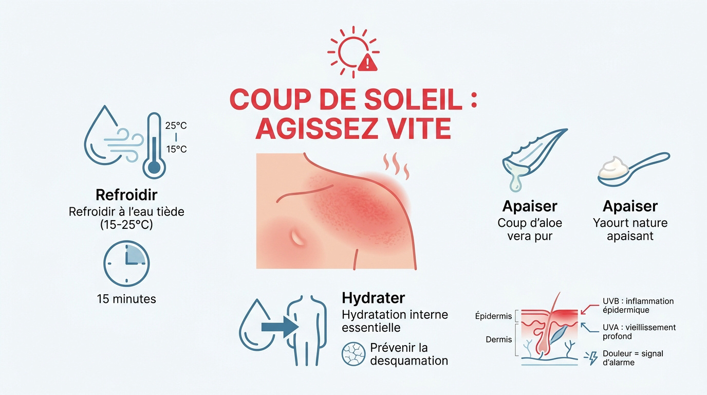 Femme appliquant un soin apaisant sur une épaule rouge après un coup de soleil