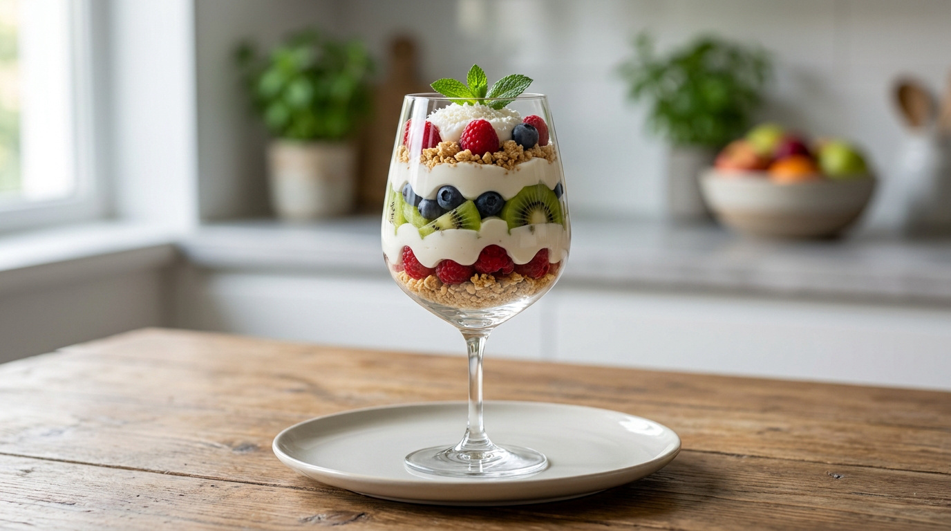 Une verrine gourmande avec des couches de fruits frais, de crème et de crumble sur une table en bois.
