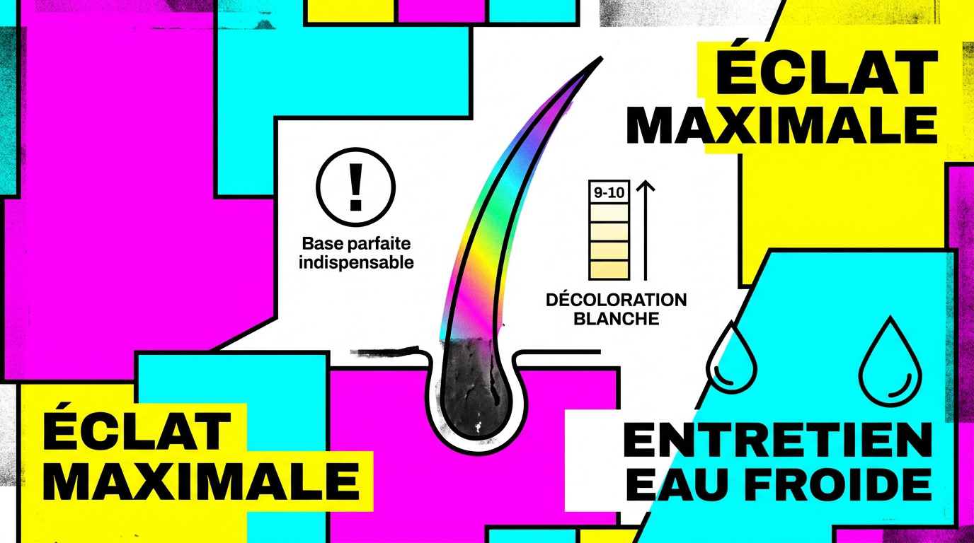 Femme avec une coloration arc-en-ciel vibrante sur base décolorée