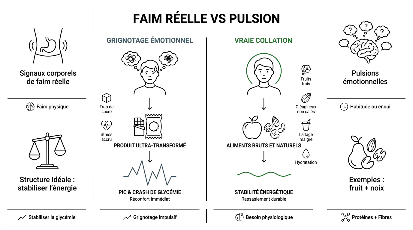Comparaison visuelle entre la faim physiologique et la pulsion émotionnelle pour mieux grignoter sain