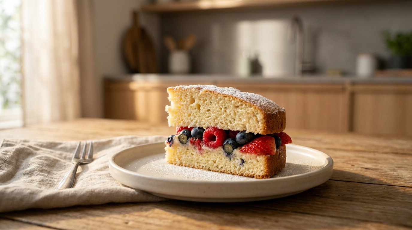 Une part de gâteau moelleux garnie de framboises, fraises et myrtilles sur une assiette en céramique.