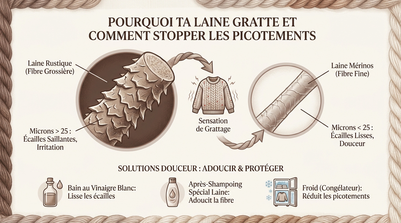 Gros plan sur des fibres de laine montrant les écailles microscopiques