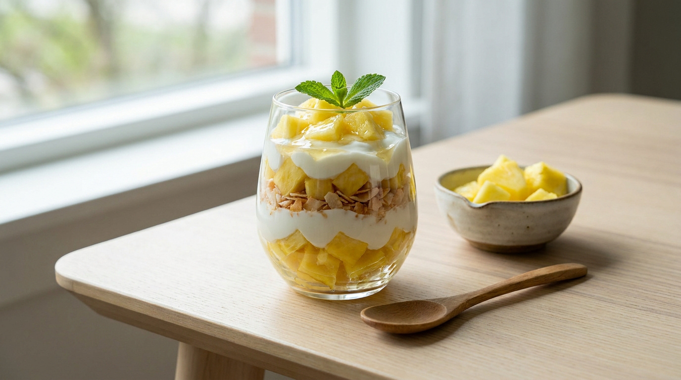 Verrine en couches avec ananas, yaourt et céréales, surmontée d'une feuille de menthe sur une table en bois.