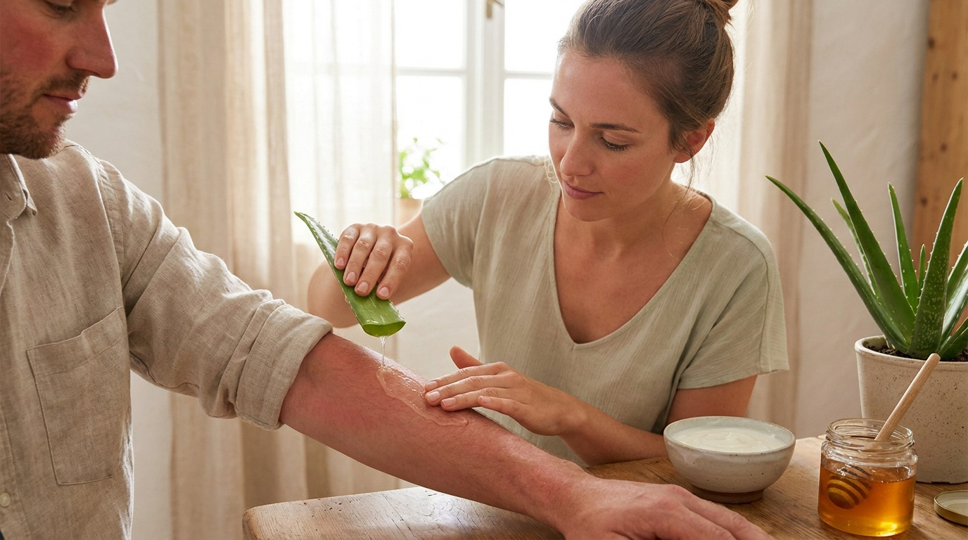 Une femme applique du gel d'aloe vera frais sur le bras rougi d'un homme pour soulager un coup de soleil.