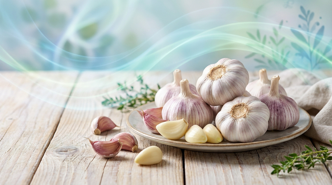 Des bulbes d'ail frais et des gousses sur une assiette en céramique, sur une table en bois avec des effets de lumière.