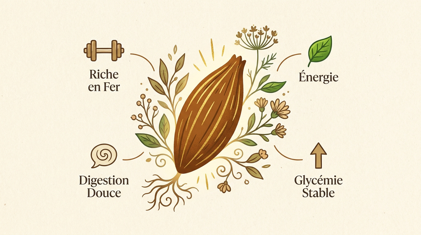 Infographie montrant les bienfaits du cumin pour la force, l'énergie, la digestion et la glycémie