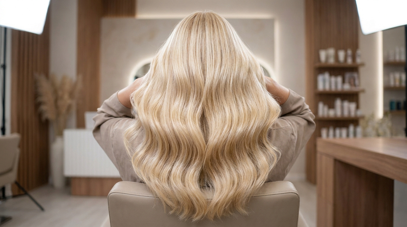 Femme assise au salon de coiffure montrant une chevelure blonde platine longue, brillante et ondulée.