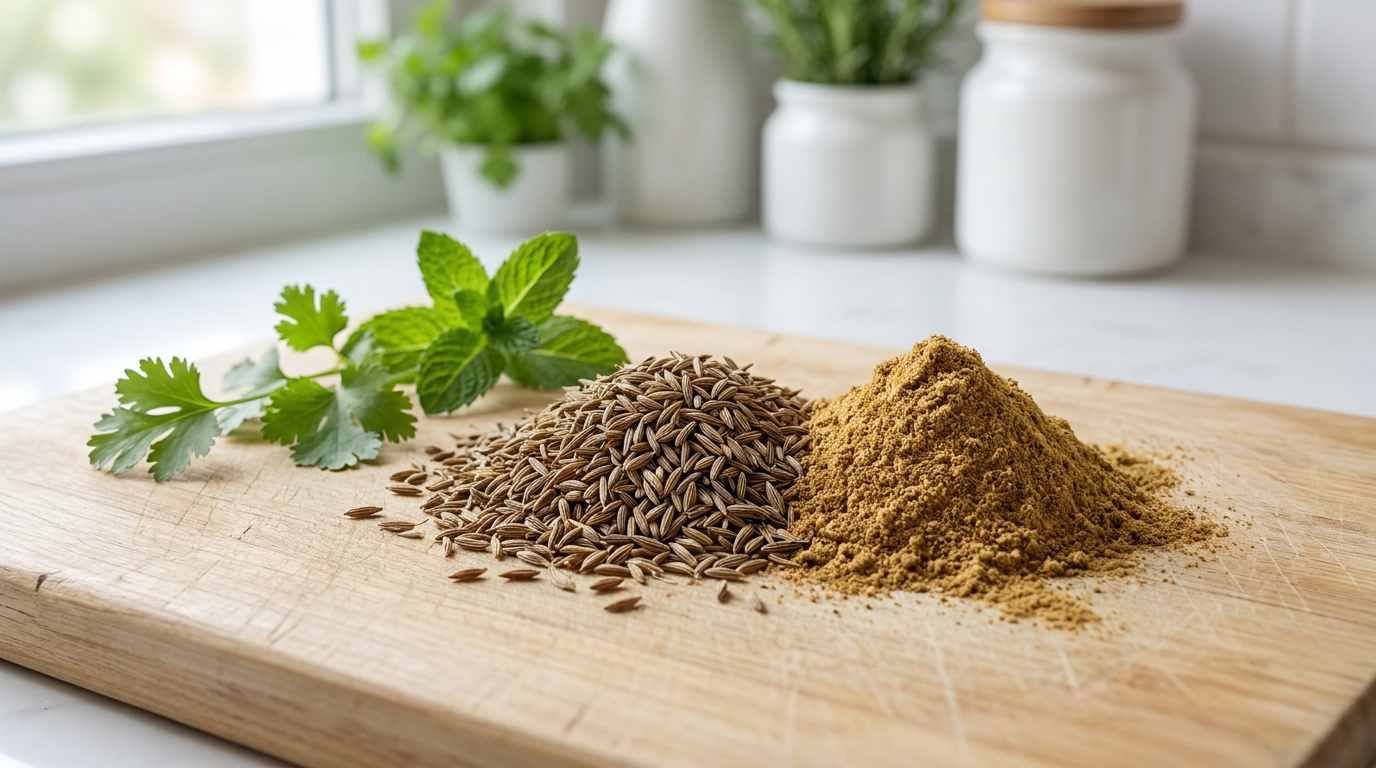 Tas de graines de cumin et poudre de cumin sur une planche en bois avec des feuilles de menthe fraîches.
