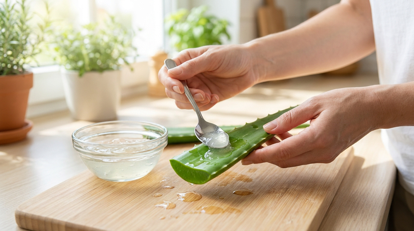 Une personne extrait du gel d'aloe vera frais d'une feuille sur une planche à découper.