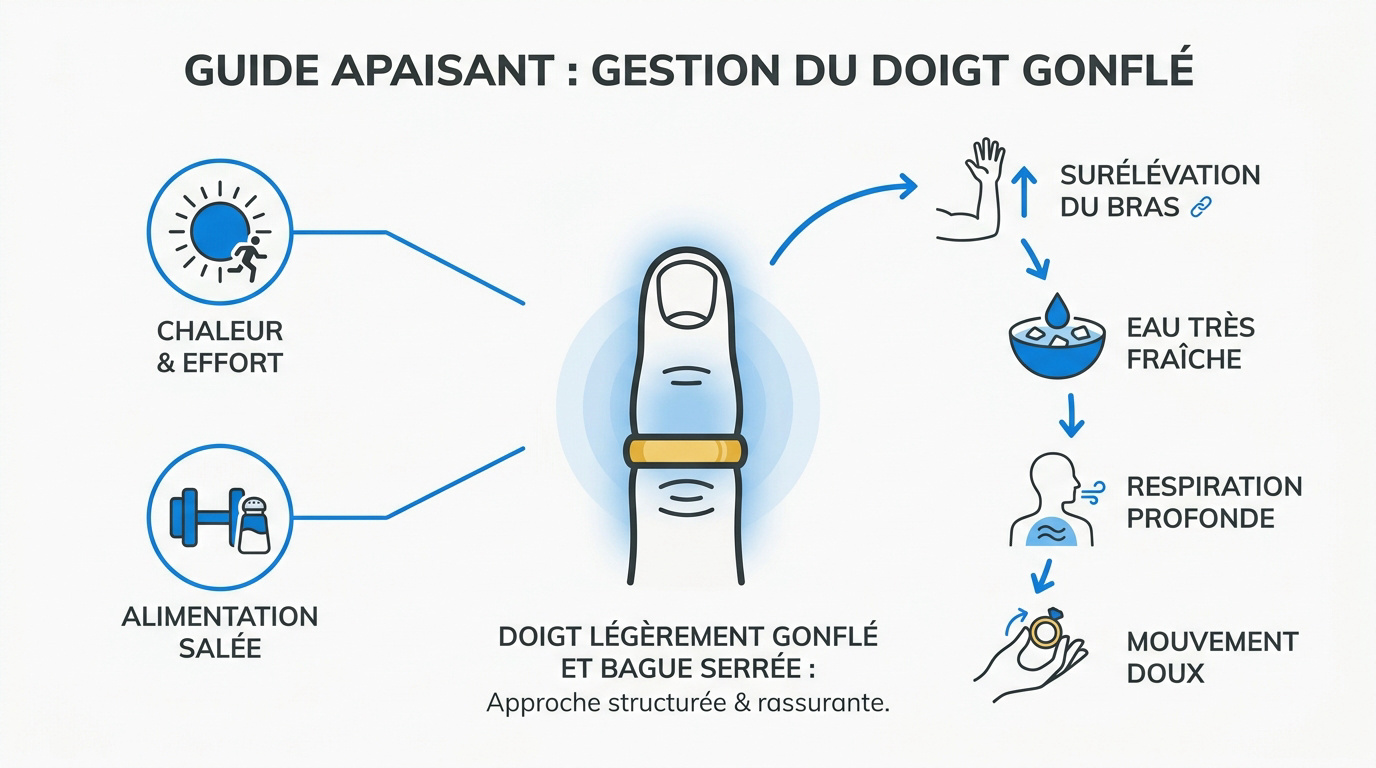 Illustration d'une main avec une bague serrée et méthodes d'apaisement par le froid