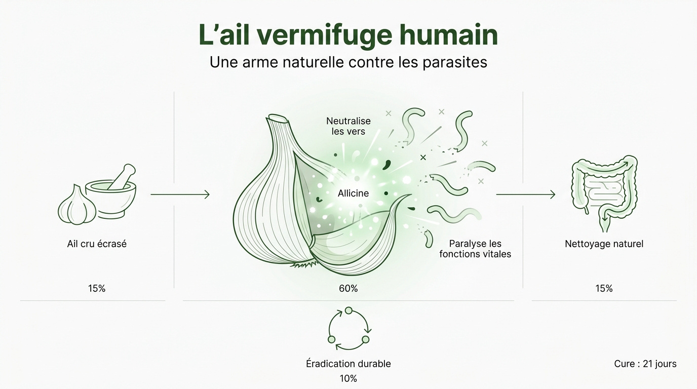 Gousses d'ail frais prêtes à être écrasées pour libérer l'allicine vermifuge
