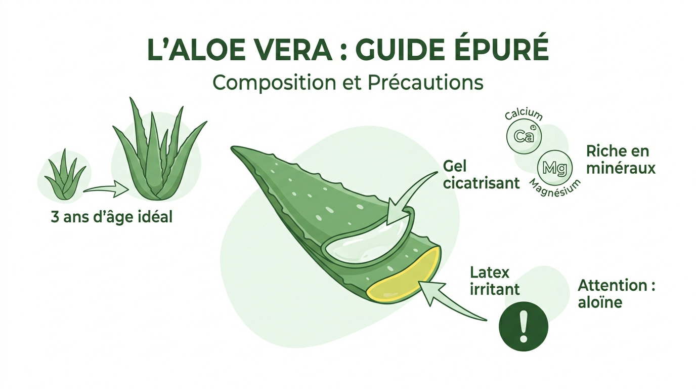 Composition détaillée d'une feuille d'aloe vera montrant le gel et le latex