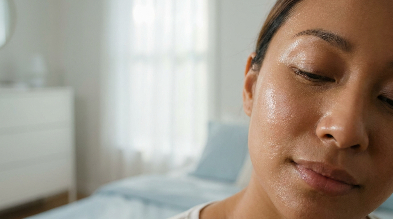 Gros plan sur le visage d'une femme à la peau éclatante et hydratée dans une chambre lumineuse.