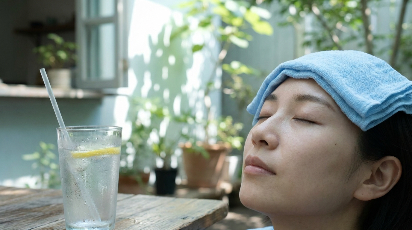 Une femme se repose les yeux fermés avec une serviette humide sur le front, un verre d'eau citronnée à ses côtés.