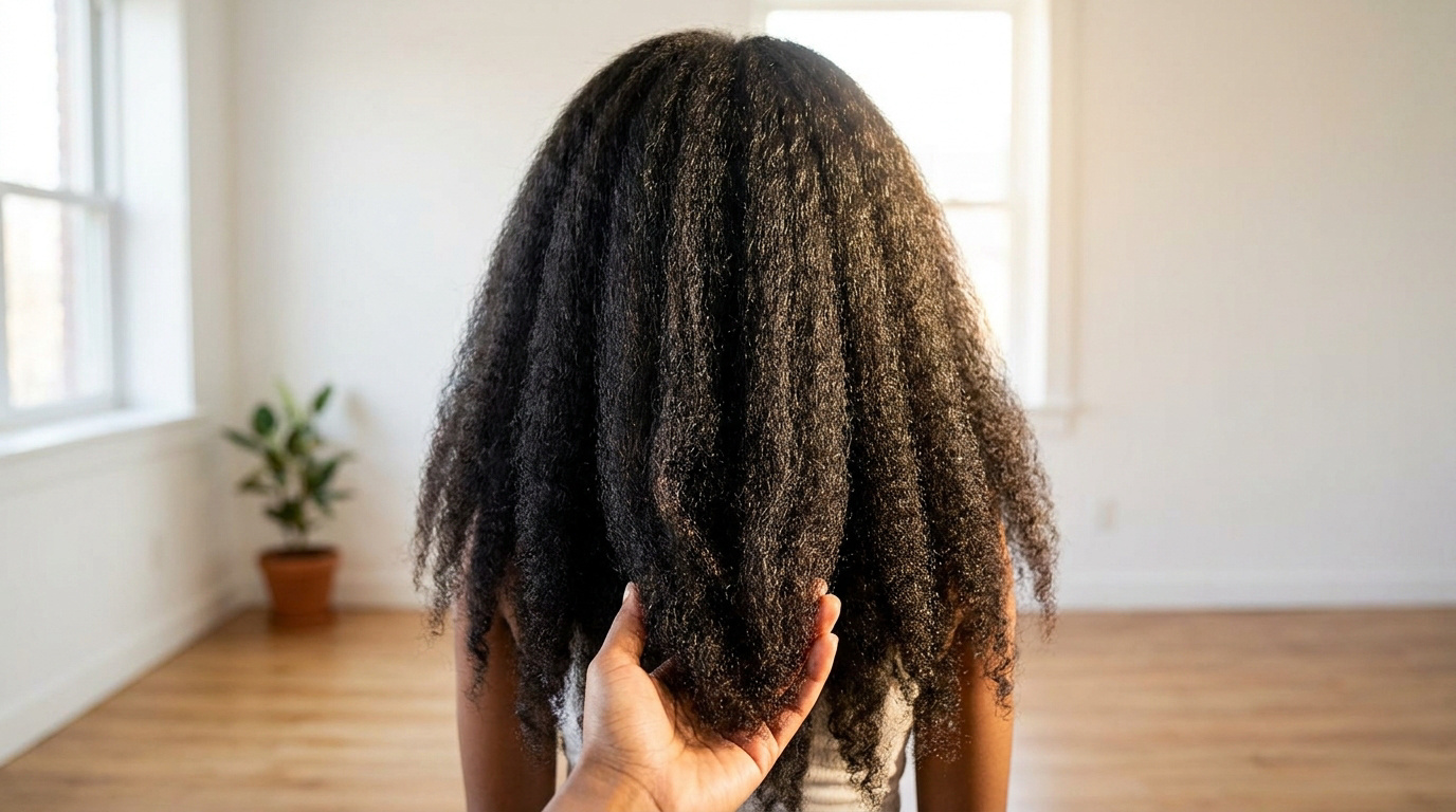 Une main touche la pointe de longs cheveux crépus et texturés vus de dos.
