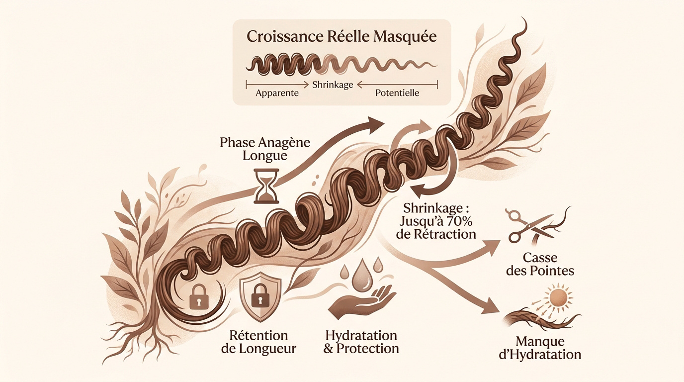 Illustration du shrinkage et de la pousse des cheveux crépus