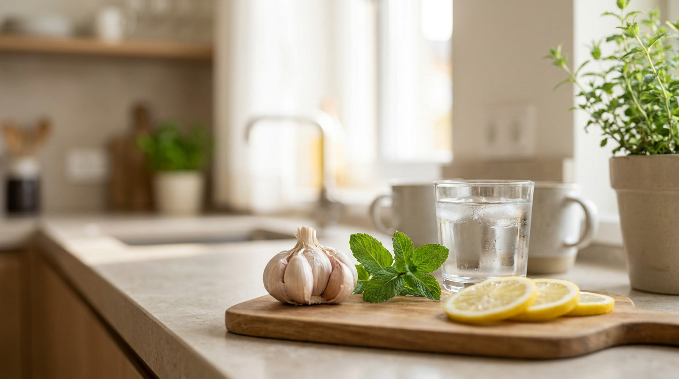 Ail, menthe fraîche et tranches de citron sur une planche à découper près d'un verre d'eau dans une cuisine.